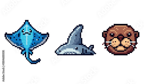 Pixel art marine animals: ray, shark, otter in vibrant blue and brown tones