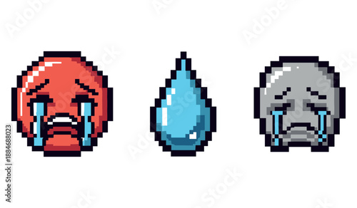 Pixel art crying faces and teardrop icon set