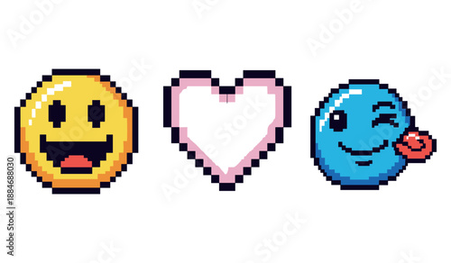 Pixel art emojis: smiley face, heart, winking face with tongue