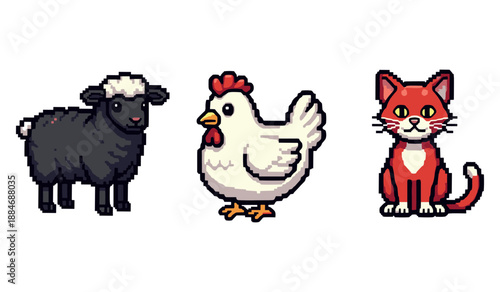 Cute pixel art: black sheep, white chicken, and red cat in farm icon set