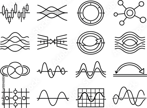 Image Generation. Line style vector icons of data visualization line charts: interval tile, propagation band, interval ring,