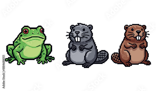 Pixel art trio: green frog and two cartoon beavers on white background