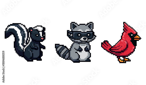 Pixel art skunk raccoon cardinal characters in retro style