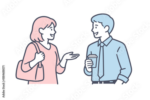 Casual Friends Chat. Two friends meet after work and start talking, relaxed posture and easy connection, minimalist flat line