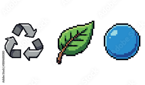 Pixel art icons: recycling symbol, green leaf, and blue sphere