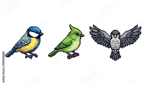 Pixel art birds: blue tit, green sparrow, soaring hawk trio