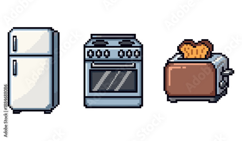 Retro pixel art appliances: refrigerator, stove, toaster with toast