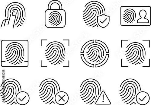 Image Generation. Line style vector icons of Fingerprint authentication: touch id, biometric lock, secure print, identity; sensor