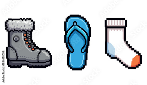 Pixel art footwear: winter boot, blue sandal, colorful sock