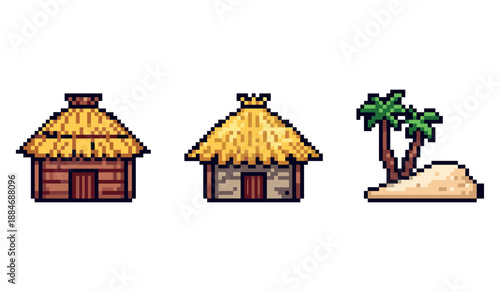 Pixel art huts and palm trees on island scene