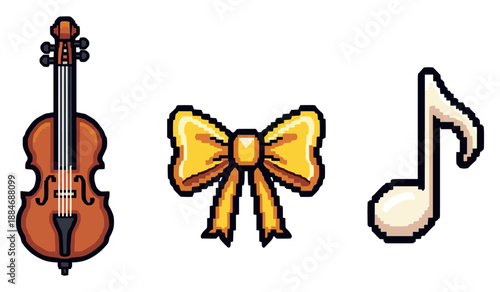 Pixel art violin, yellow bow, and music note icon set