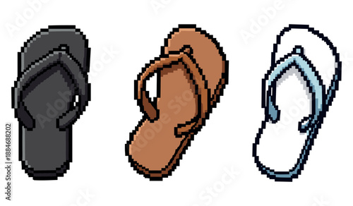 Pixel art: trio of flip flops in black, brown, and white