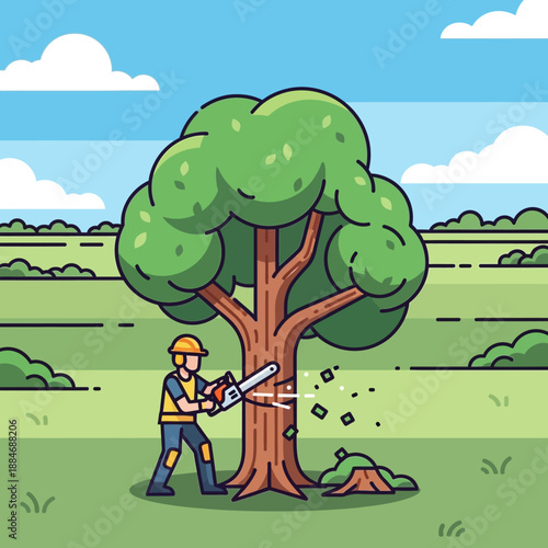 Lumberjack cutting down large tree with chainsaw in green landscape, flat illustration