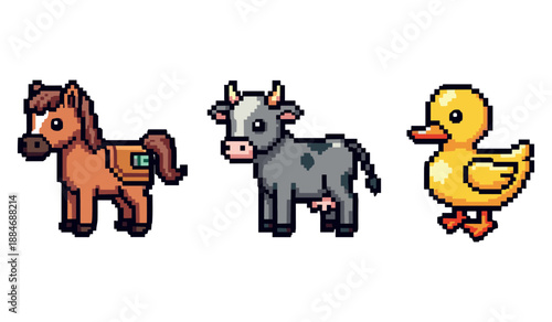Pixel art farm animals: cartoon horse, cow, and duck in retro style