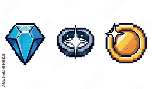 Pixel art gem, ring, and coin icons with retro gaming style
