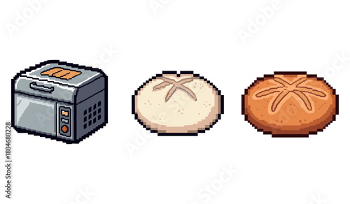 Pixel art bread maker and freshly baked bread loaves
