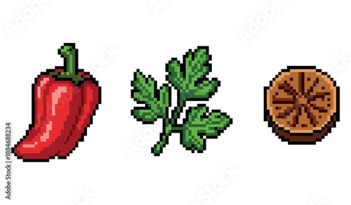 Pixel art red pepper, cilantro, and lemon slice on white background