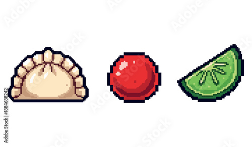 Pixel art: dumpling, red ball, and lime slice icons