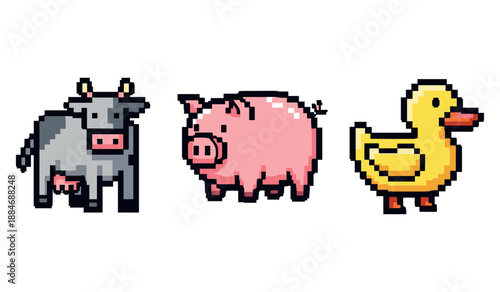 Pixel art farm animals: cow, pig, and duck in retro style