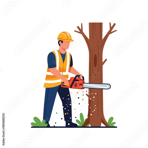 Arborist with chainsaw cutting tree, safety vest and helmet, wood chips flying