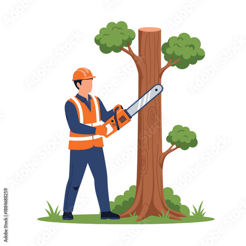 Arborist with chainsaw cutting tree trunk, safety vest, hard hat, outdoor work, forestry