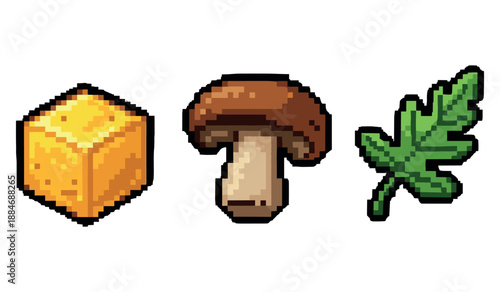 Pixel art trio: cheese, mushroom, and leaf illustrations on white background