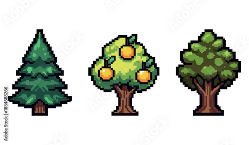 Pixel art trees: pine, fruit-bearing, and deciduous illustration