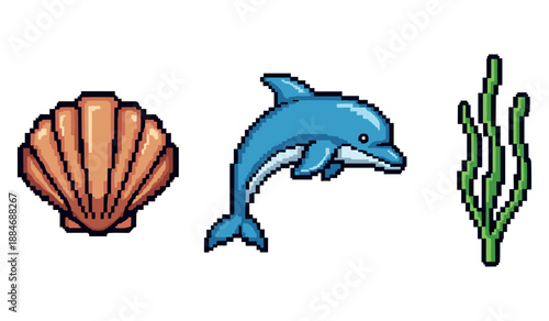 Pixel art of seashell, dolphin, and seaweed on white background