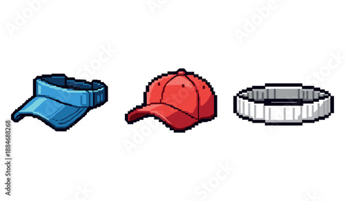 Pixel art blue visor, red cap, white headband on white background