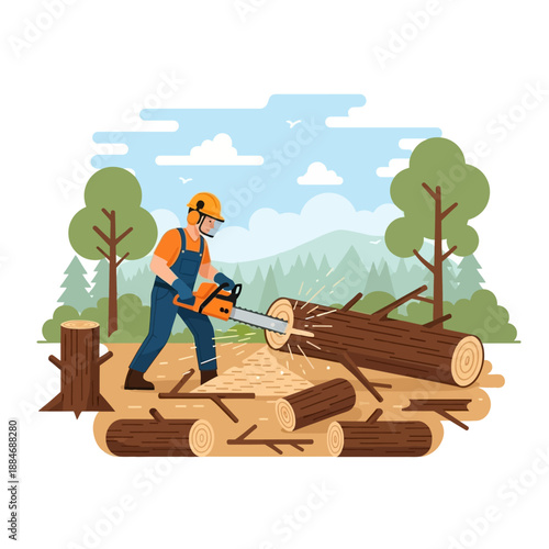 Lumberjack cutting a large log with a chainsaw in a forest, flat illustration.