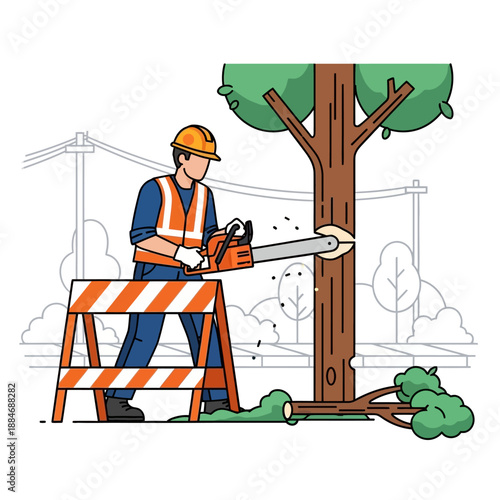 Arborist cutting tree with chainsaw, safety vest, hard hat, outdoor work, urban setting