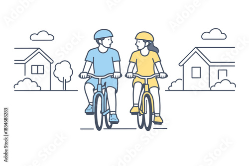 Peaceful Bicycle Ride. A couple cycles slowly through a calm residential street, moving at the same pace and staying close,
