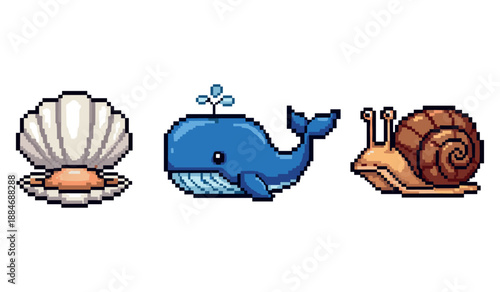 Pixel art sea creatures: clam, whale, snail in retro design