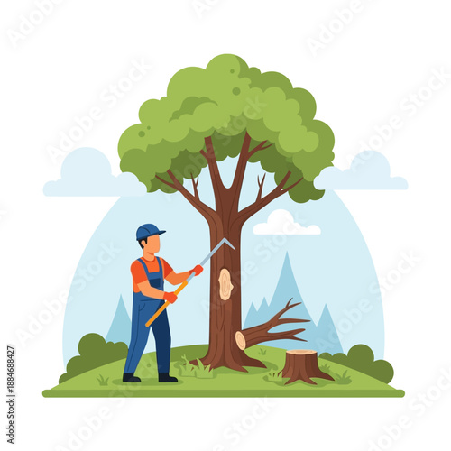 Arborist Pruning Tree with Saw, Landscape with Mountains and Clouds