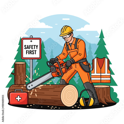 Woodcutter with Chainsaw, Safety First Sign, Forest Scene Illustration