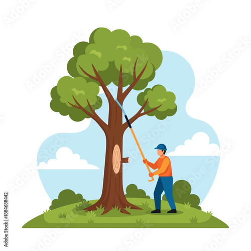 Arborist Pruning Tree with Pole Saw in Sunny Landscape