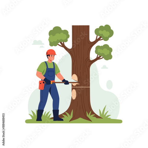 Arborist cutting down tree with axe, woodcutter uniform, professional work