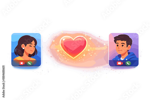 Digital Romance Connection. Video call scene with two profile tiles and a central glowing heart badge, subtle sparkle dust and