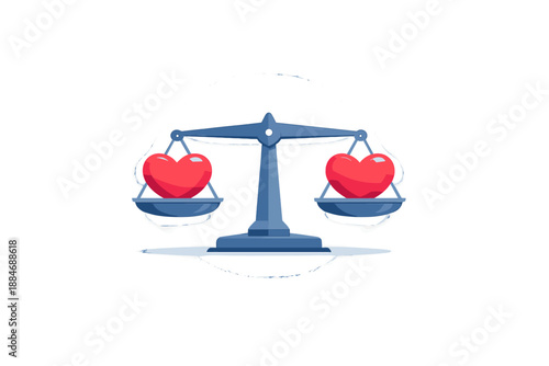 Equality in Balance. Balanced scales icon holding two identical heart shapes in perfect equilibrium, soft glow halo and airy wide