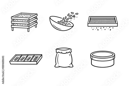 Seed Processing Icons. Line style icons of seed processing: drying rack tile, winnowing bowl outline, cleaning sieve grid, sorting
