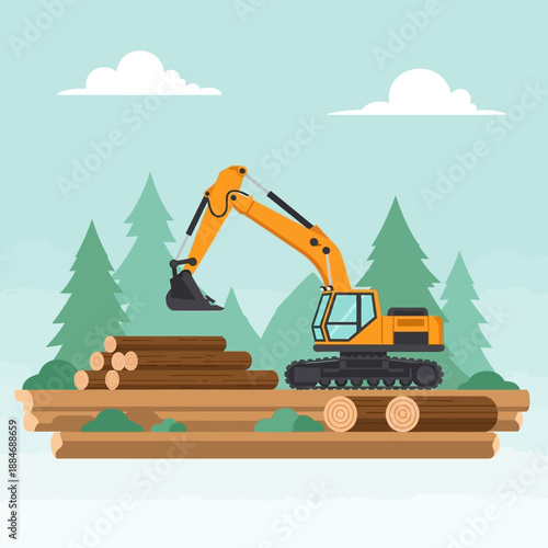 Excavator machine loading logs in forest, forestry industry, flat illustration
