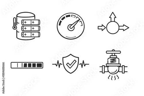 Energy Management Icons. Line style icons of energy management: buffer storage pack, voltage regulation dial, power flow arrows,