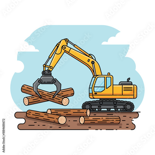Yellow excavator with grapple loader lifting logs in forest logging industry concept