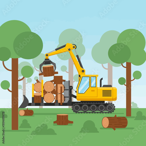 Forestry Excavator Loading Logs in Wooded Area - Flat Design