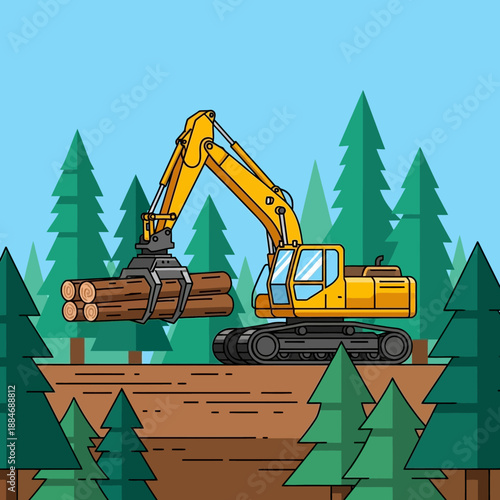 Forestry Excavator Lifting Logs in a Pine Forest Scene