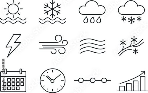 Image Generation. Line style vector icons of Climate forecast: heat wave, cold wave, rain cloud, snow cloud; lightning bolt, wind