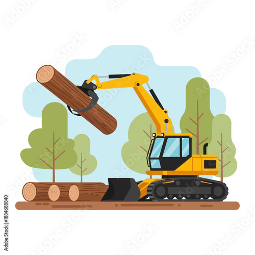 Excavator Moving Logs in Forest - Forestry and Construction Vector Illustration