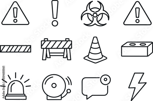 Image Generation. Line style vector icons of Warning signs: warning triangle, exclamation mark, hazard symbol, alert sign; caution