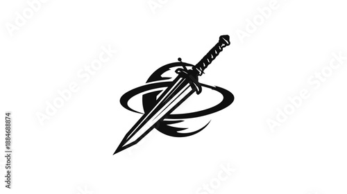 Black and white image of a sword passing through a stylized oval