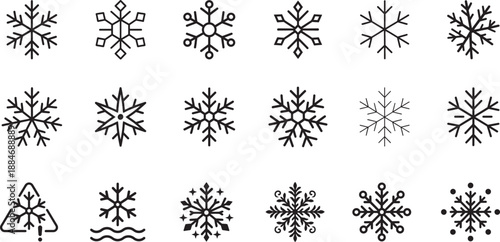 Snowflake icon set with winter frost symbols. Clean outline vector for weather, holiday and cold design.
